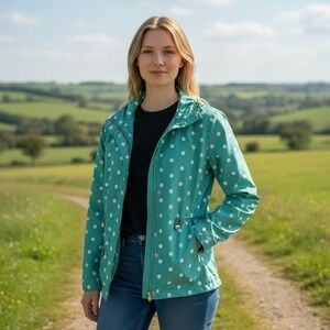 Crown & Ivy Women's Green White Polka Dot Hooded Lightweight Jacket Size S